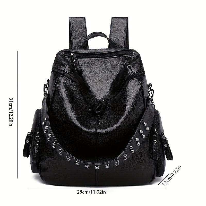 Vintage Zipper Backpack Solid Rucksack Rivets Women's Daypack