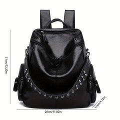 Vintage Zipper Backpack Solid Rucksack Rivets Women's Daypack
