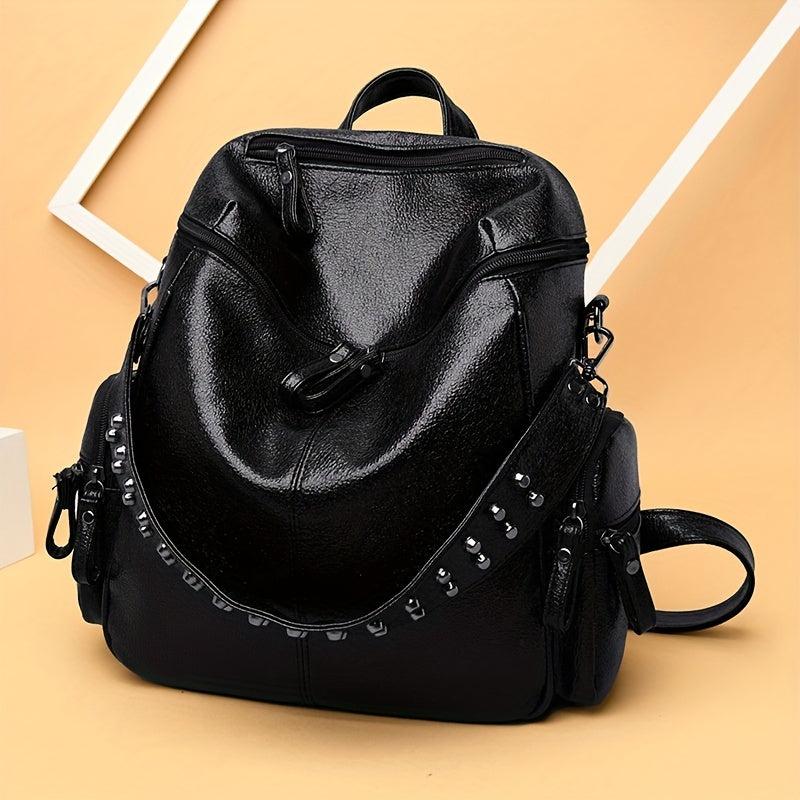 Vintage Zipper Backpack Solid Rucksack Rivets Women's Daypack