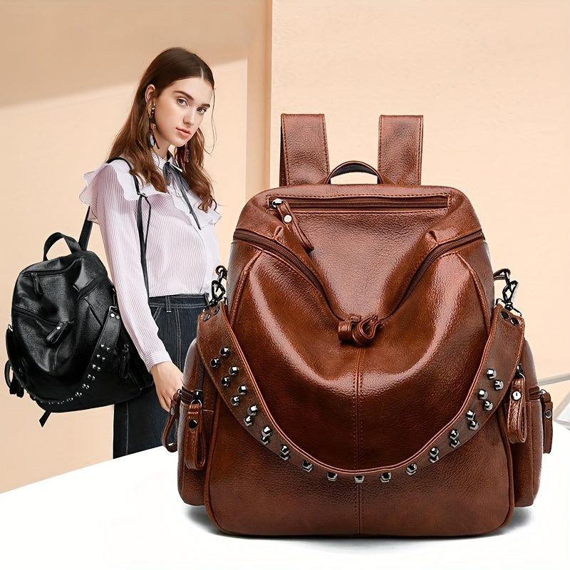 Vintage Zipper Backpack Solid Rucksack Rivets Women's Daypack