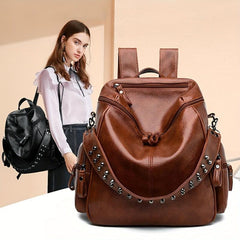 Vintage Zipper Backpack Solid Rucksack Rivets Women's Daypack