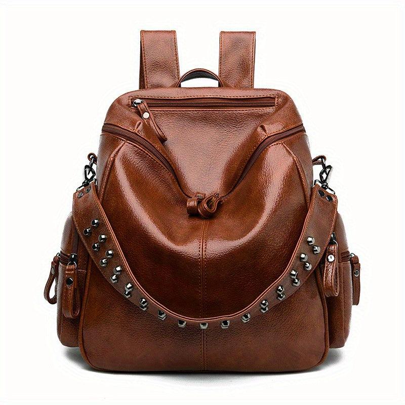 Vintage Zipper Backpack Solid Rucksack Rivets Women's Daypack
