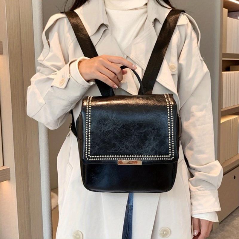 Vintage Glossy Solid Backpack PU Leather School Commuter Bag