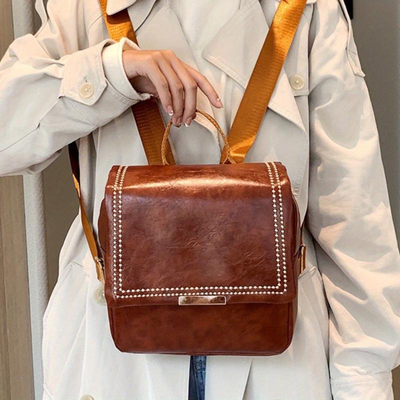 Vintage Glossy Solid Backpack PU Leather School Commuter Bag