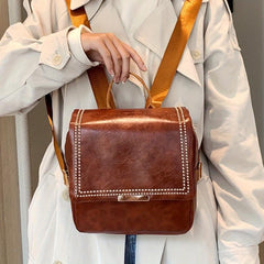 Vintage Glossy Solid Backpack PU Leather School Commuter Bag