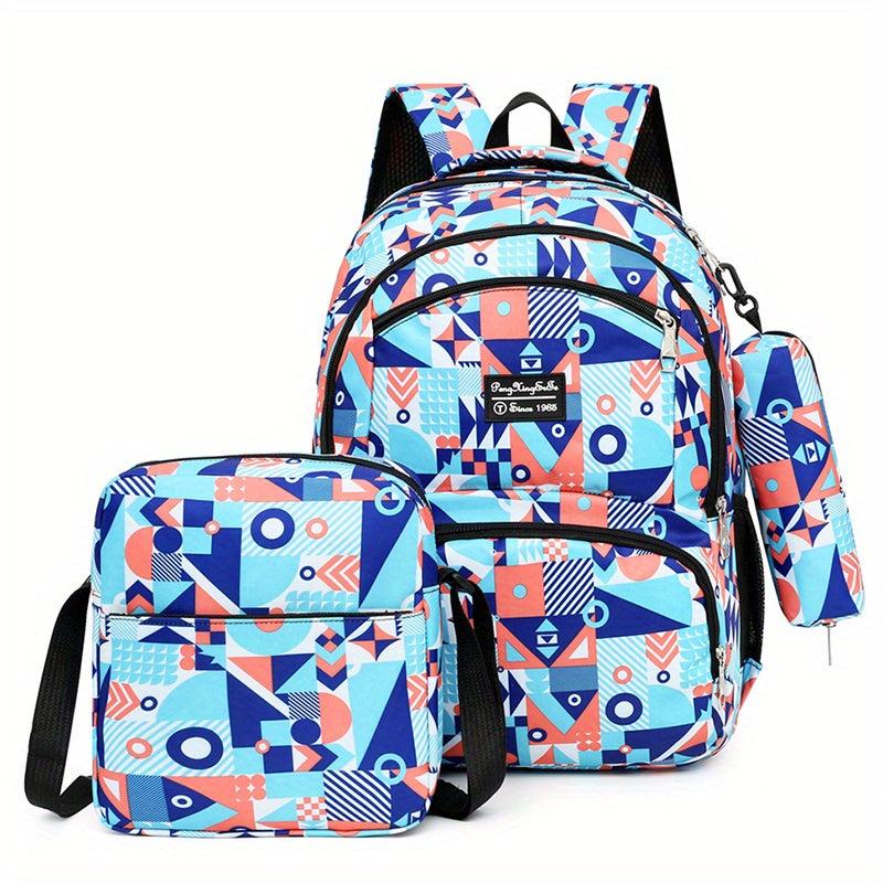 Geometric Print Backpack Set Large Capacity School Bag Travel Daypack