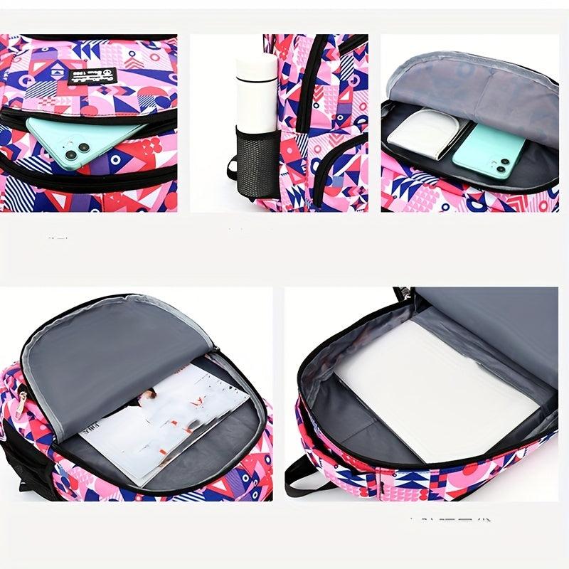 Geometric Print Backpack Set Large Capacity School Bag Travel Daypack