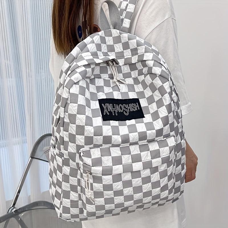 Checkerboard Pattern Laptop Backpack Nylon Travel Schoolbag Preppy Style