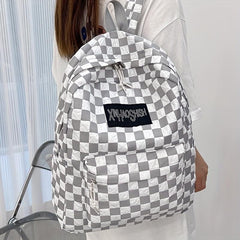 Checkerboard Pattern Laptop Backpack Nylon Travel Schoolbag Preppy Style