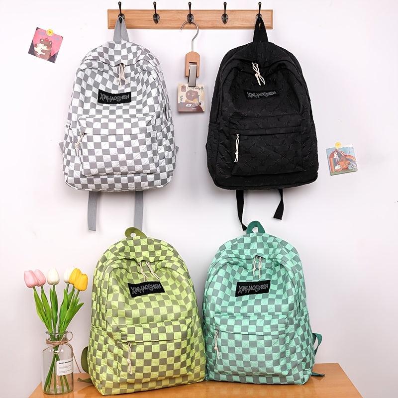 Checkerboard Pattern Laptop Backpack Nylon Travel Schoolbag Preppy Style