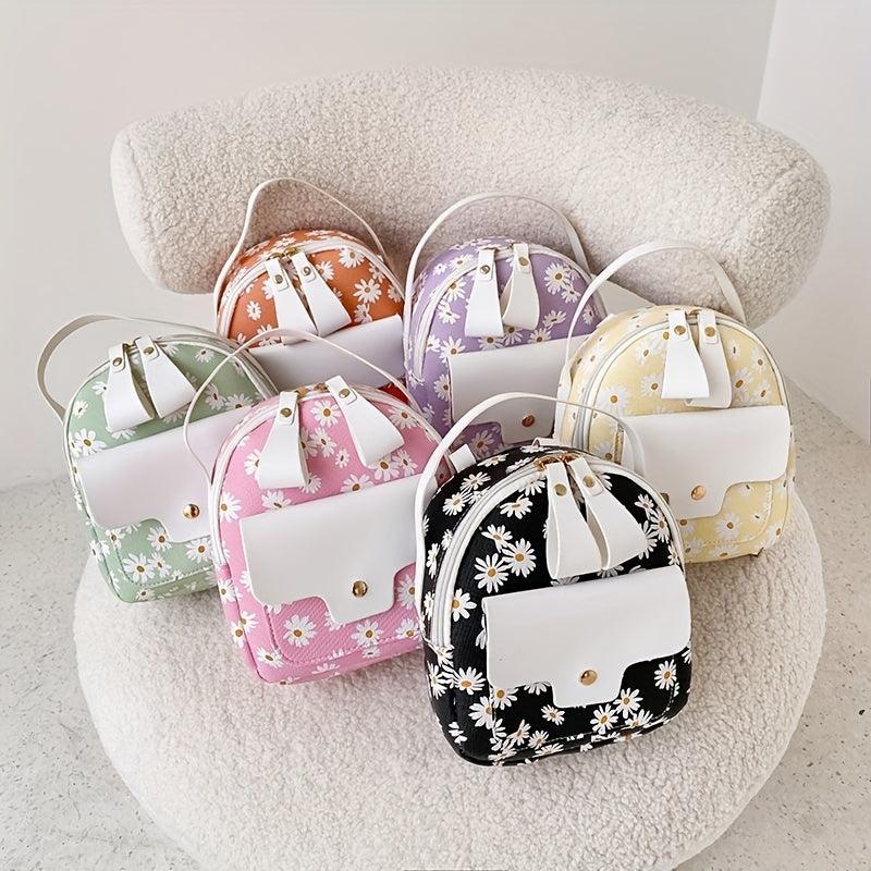 Daisy Print Mini Backpack Faux Leather Zipper Shoulder Bag