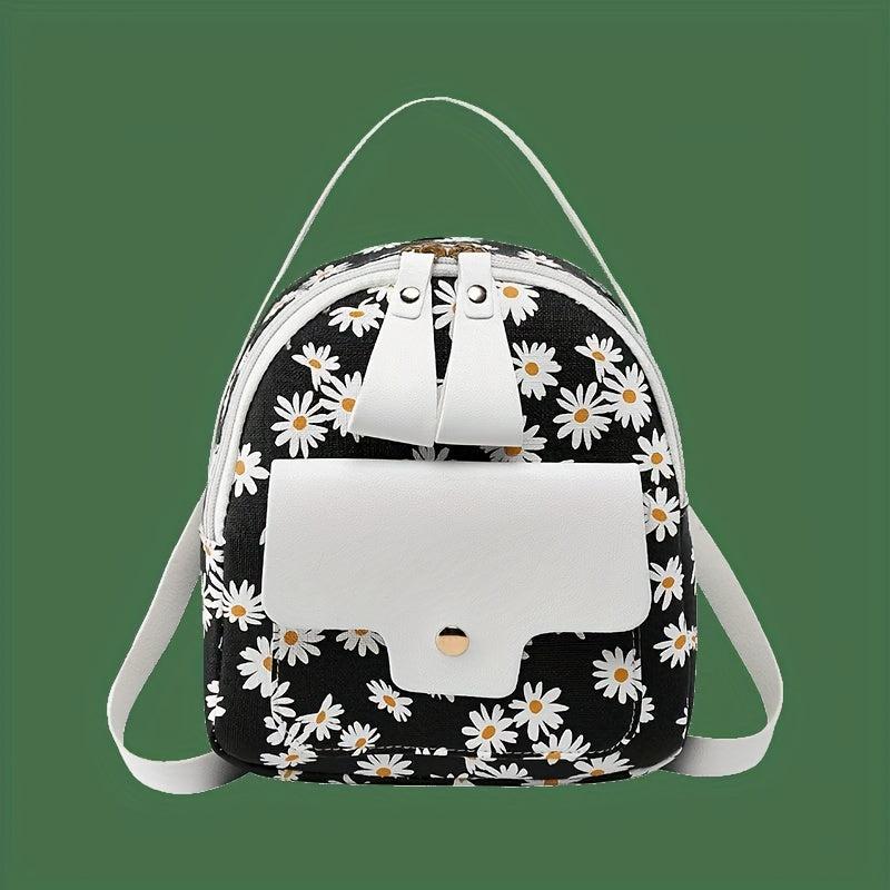 Daisy Print Mini Backpack Faux Leather Zipper Shoulder Bag