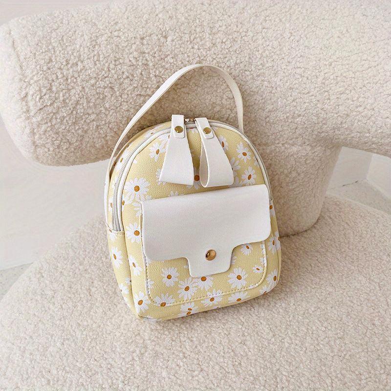 Daisy Print Mini Backpack Faux Leather Zipper Shoulder Bag