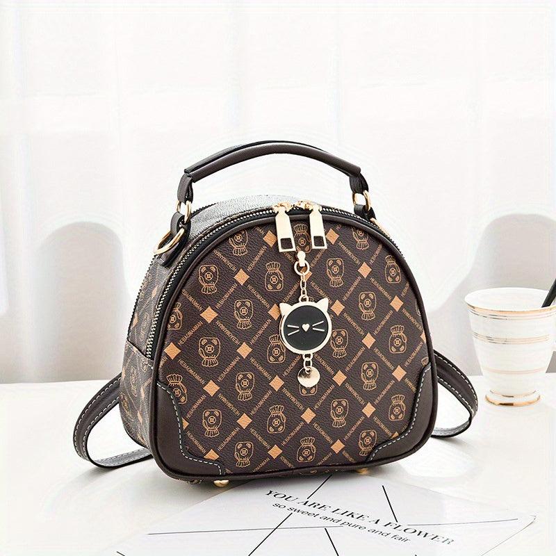 Mini Round Printed Backpack Crossbody Bag PU Leather Handbag Purse