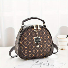 Mini Round Printed Backpack Crossbody Bag PU Leather Handbag Purse
