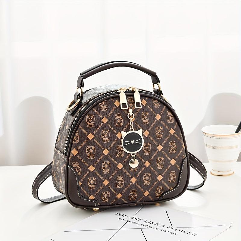 Mini Round Printed Backpack Crossbody Bag PU Leather Handbag Purse