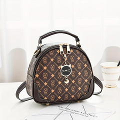 Mini Round Printed Backpack Crossbody Bag PU Leather Handbag Purse