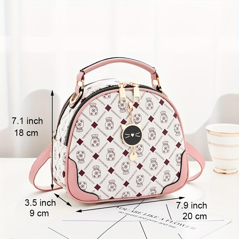 Mini Round Printed Backpack Crossbody Bag PU Leather Handbag Purse