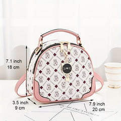 Mini Round Printed Backpack Crossbody Bag PU Leather Handbag Purse