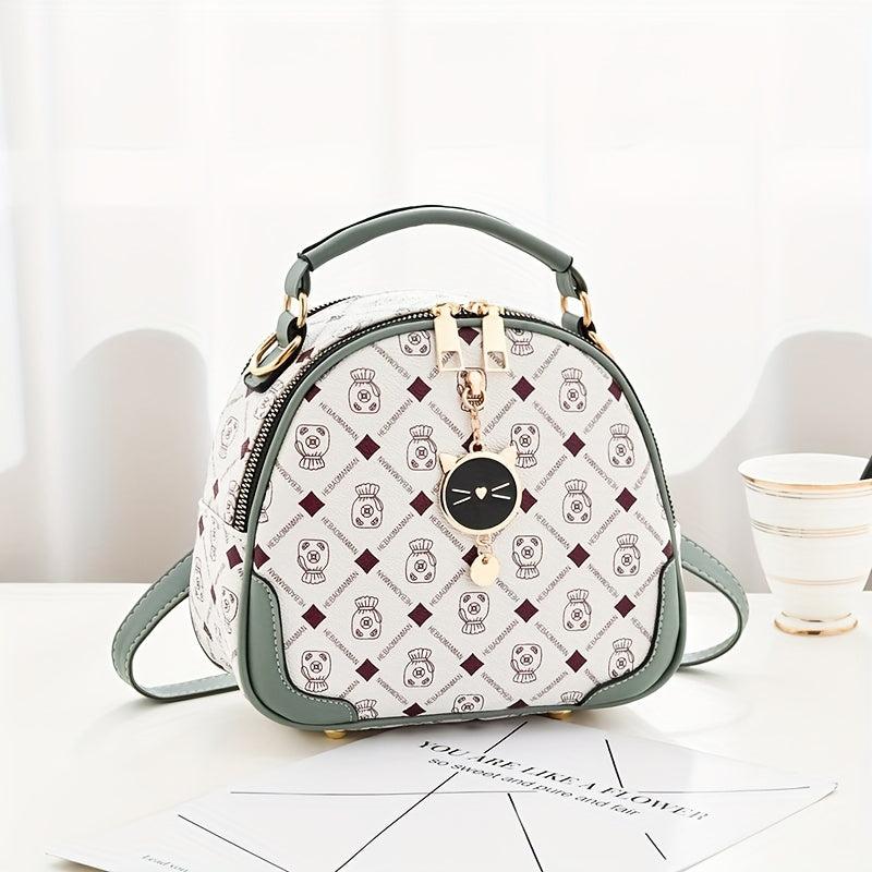 Mini Round Printed Backpack Crossbody Bag PU Leather Handbag Purse
