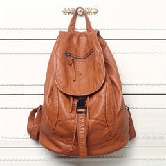 Vintage Flap Backpack Women PU Leather Schoolbag Drawstring Daypack