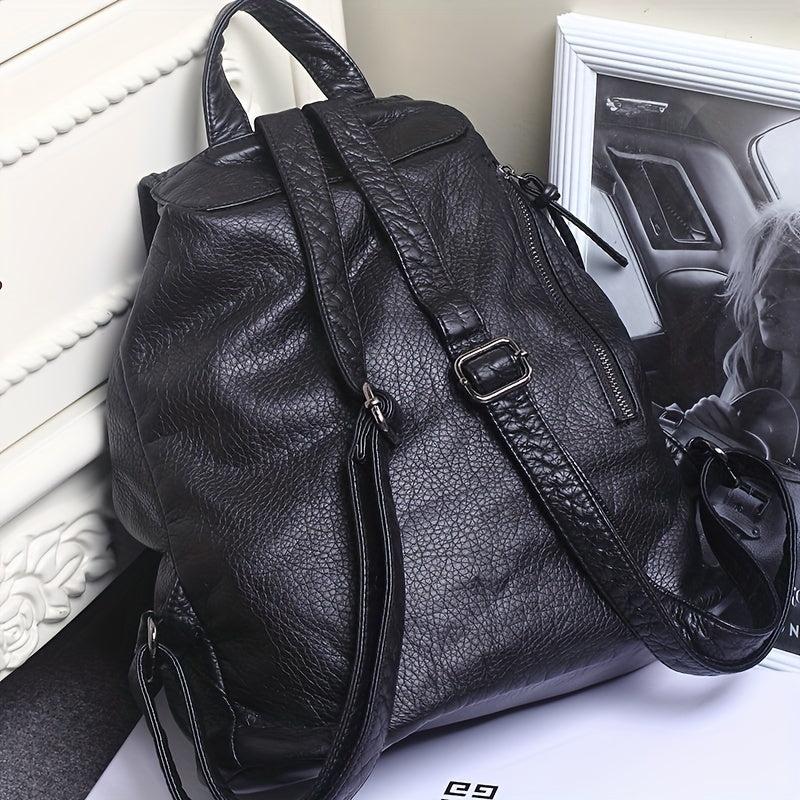 Vintage Flap Backpack Women PU Leather Schoolbag Drawstring Daypack