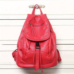 Vintage Flap Backpack Women PU Leather Schoolbag Drawstring Daypack