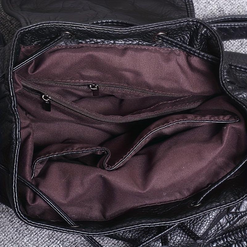 Vintage Flap Backpack Women PU Leather Schoolbag Drawstring Daypack