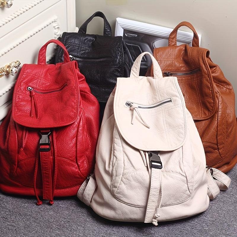 Vintage Flap Backpack Women PU Leather Schoolbag Drawstring Daypack