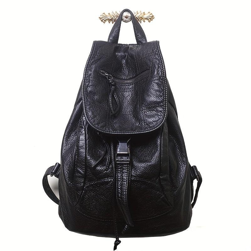 Vintage Flap Backpack Women PU Leather Schoolbag Drawstring Daypack