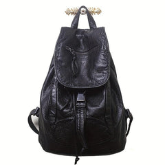 Vintage Flap Backpack Women PU Leather Schoolbag Drawstring Daypack