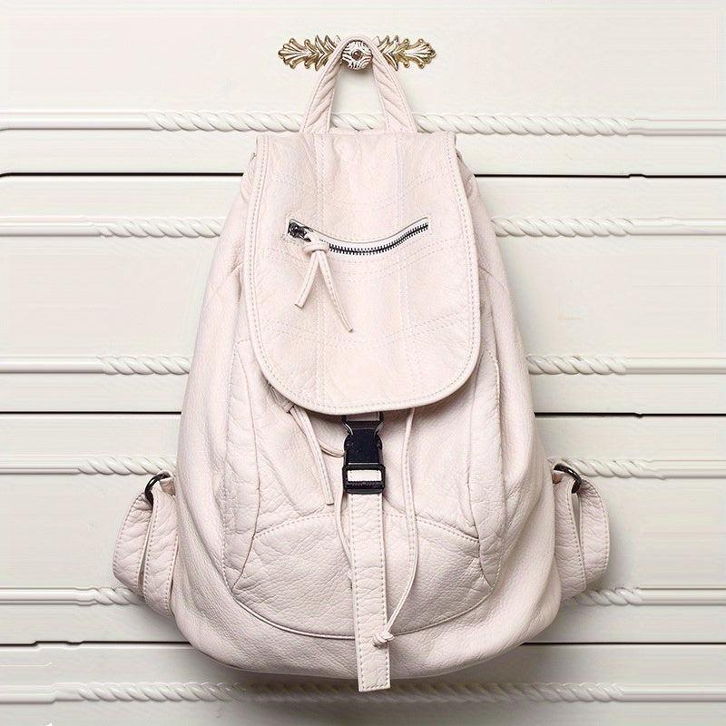 Vintage Flap Backpack Women PU Leather Schoolbag Drawstring Daypack