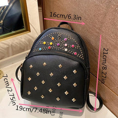 Rivets & Rhinestone Decor Backpack Zipper All Match Daypack