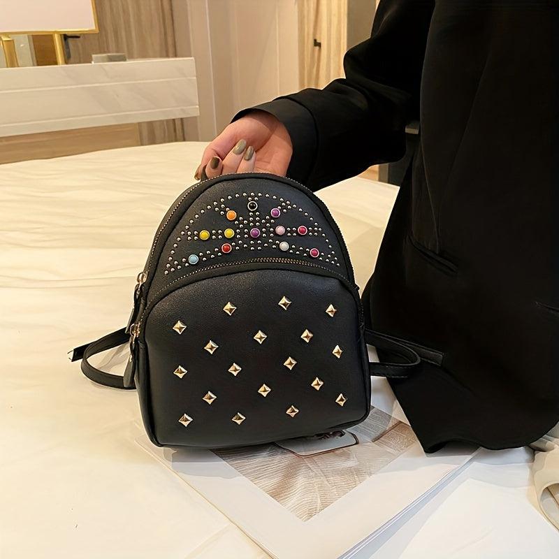 Rivets & Rhinestone Decor Backpack Zipper All Match Daypack