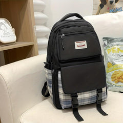 Plaid Pocket Large Capacity Backpack Lightweight School Campus Daypack