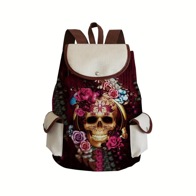 Vintage Skull & Flower Backpack Halloween Travel Bag