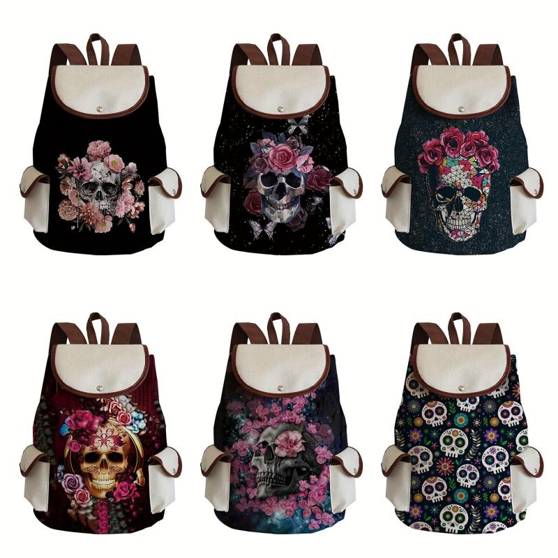 Vintage Skull & Flower Backpack Halloween Travel Bag