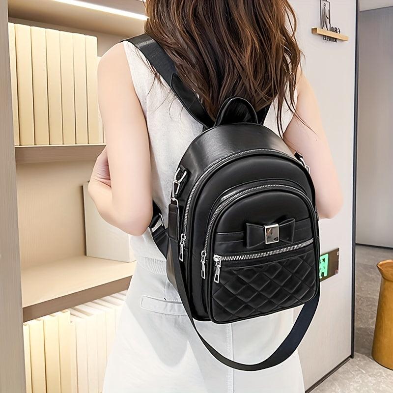 Quilted Convertible Backpack Bow Decor Casual Travel Bag