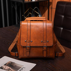 Buckle Decor Flap Backpack Faux Leather Bookbag Large Capacity Travel Bag