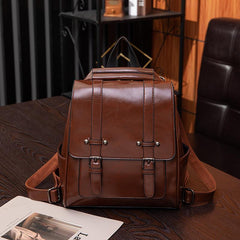 Buckle Decor Flap Backpack Faux Leather Bookbag Large Capacity Travel Bag