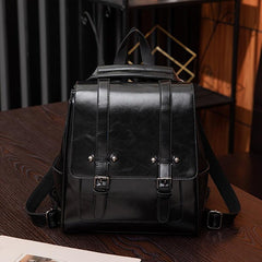Buckle Decor Flap Backpack Faux Leather Bookbag Large Capacity Travel Bag