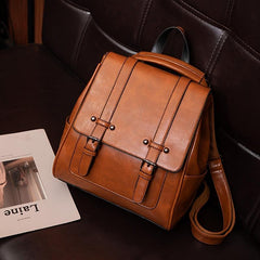 Buckle Decor Flap Backpack Faux Leather Bookbag Large Capacity Travel Bag