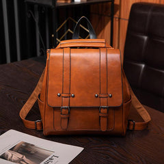 Buckle Decor Flap Backpack Faux Leather Bookbag Large Capacity Travel Bag