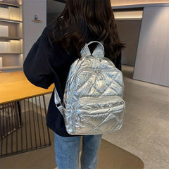 Pudder Quilted Backpack Casual Students Schoolbag Metallic Travel Rucksack