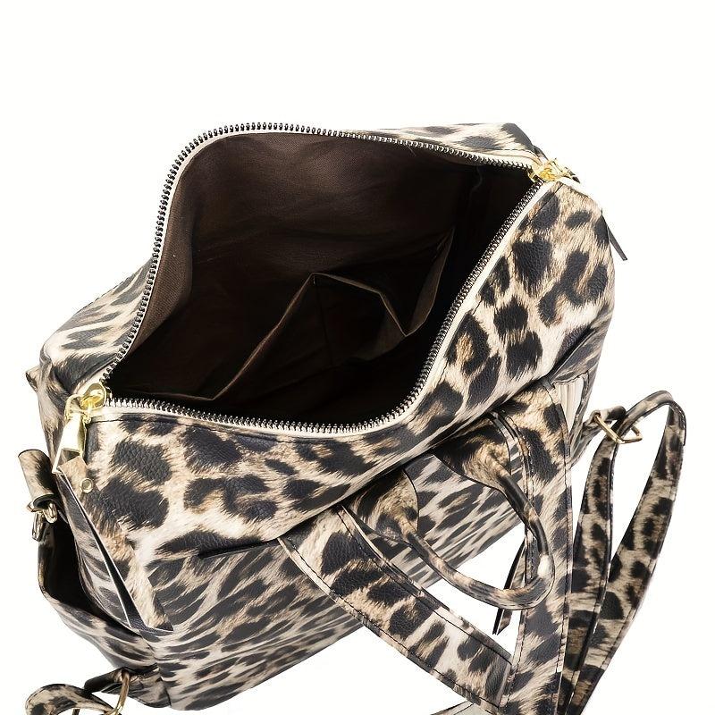Leopard Backpack PU Leather Large Capacity Lightweight Travel Bag