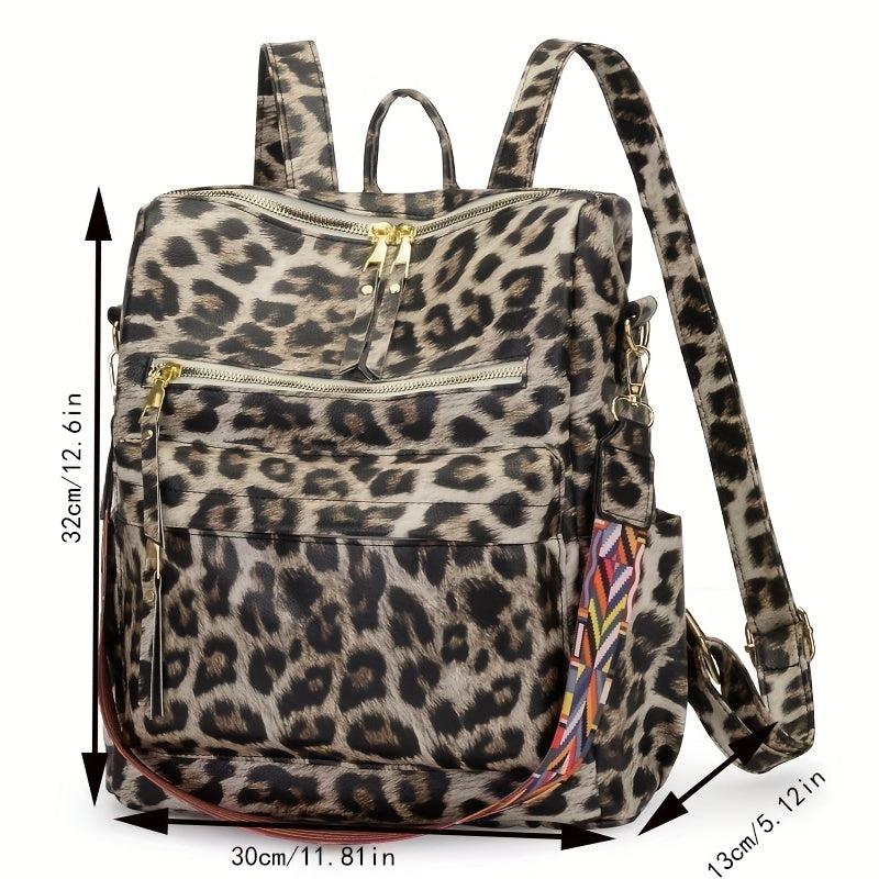 Leopard Backpack PU Leather Large Capacity Lightweight Travel Bag
