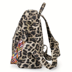 Leopard Backpack PU Leather Large Capacity Lightweight Travel Bag