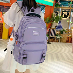 Solid Backpack Large Capacity Schoolbag With Accessories