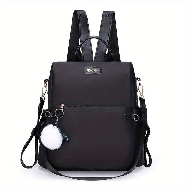 Casual Zipper Backpack Minimalist Travel Daypack with Pom Pom Decor