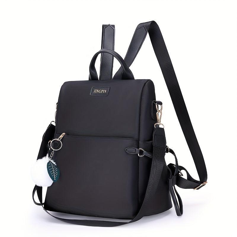 Casual Zipper Backpack Minimalist Travel Daypack with Pom Pom Decor